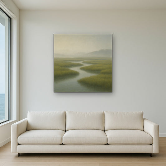 Morning Fog over Cape Cod Tidal Marsh No. 2 Oil Painting Staged Above Sectional Sofa in Living Room, Hand Painted Canvas Wall Art for Home Decor