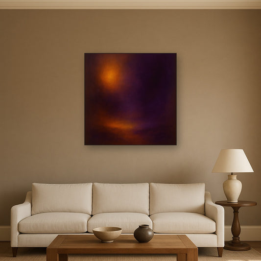 Burnt Amber & Velvet Amethyst Atmosphere No. 15 Oil Painting Staged Above Sectional Sofa in Living Room, Hand Painted Canvas Wall Art for Home Decor