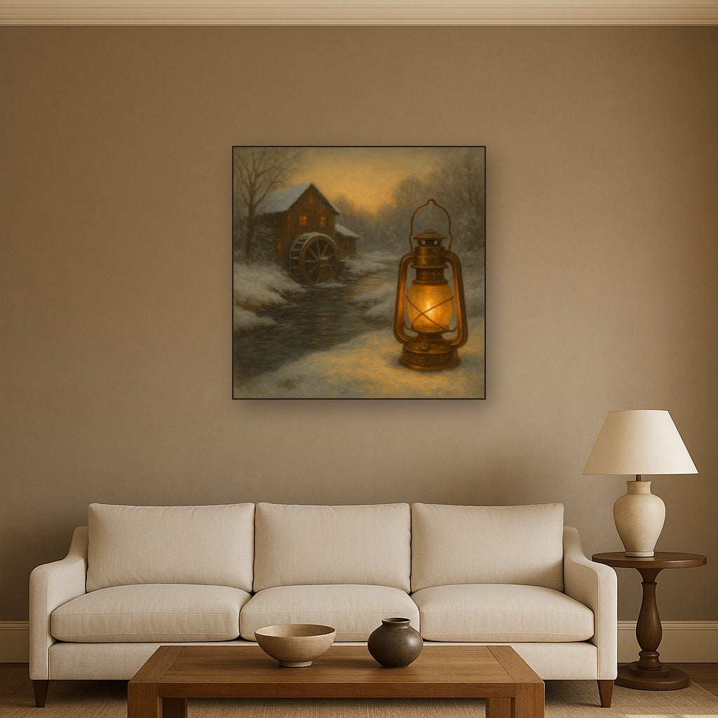 Snowy Mill Stream & Glowing Lantern No. 9 Oil Painting - View 2