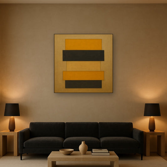 Stacked Horizon Blocks in Mustard & Charcoal Oil Painting Staged Above Sectional Sofa in Living Room, Hand Painted Canvas Wall Art for Home Decor