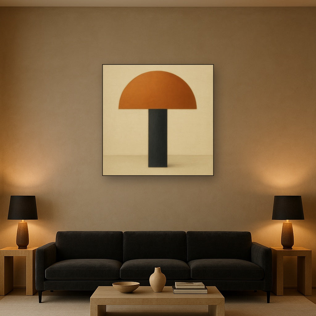 Semicircle Horizon & Minimalist Pillar No. 22 Oil Painting Staged Above Sectional Sofa in Living Room, Hand Painted Canvas Wall Art for Home Decor
