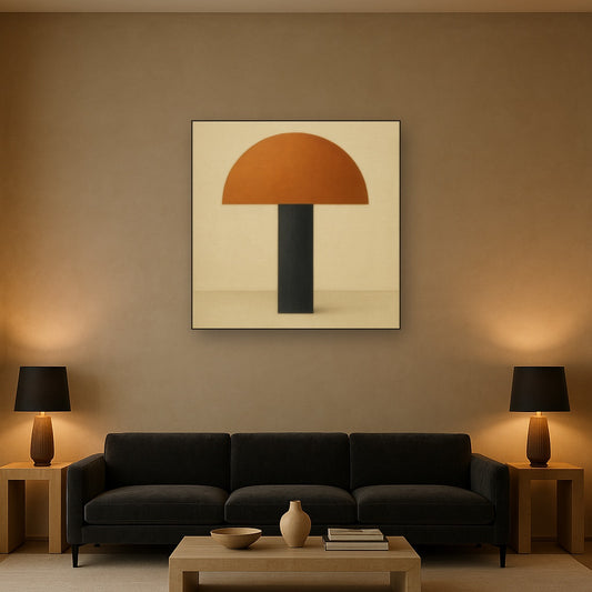 Semicircle Horizon & Minimalist Pillar No. 22 Oil Painting Staged Above Sectional Sofa in Living Room, Hand Painted Canvas Wall Art for Home Decor
