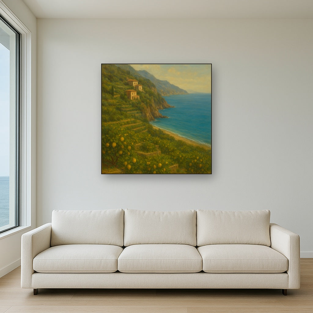 Italian Amalfi Coastline Terraces & Lemon Grove No. 3 Oil Painting Staged Above Sectional Sofa in Living Room, Hand Painted Canvas Wall Art for Home Decor