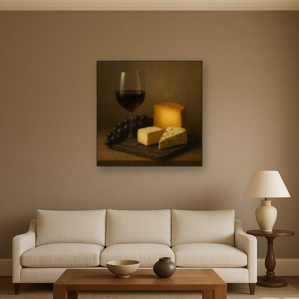 Burgundy Wine Glass & Aged Cheese Board No. 4 Oil Painting - View 2