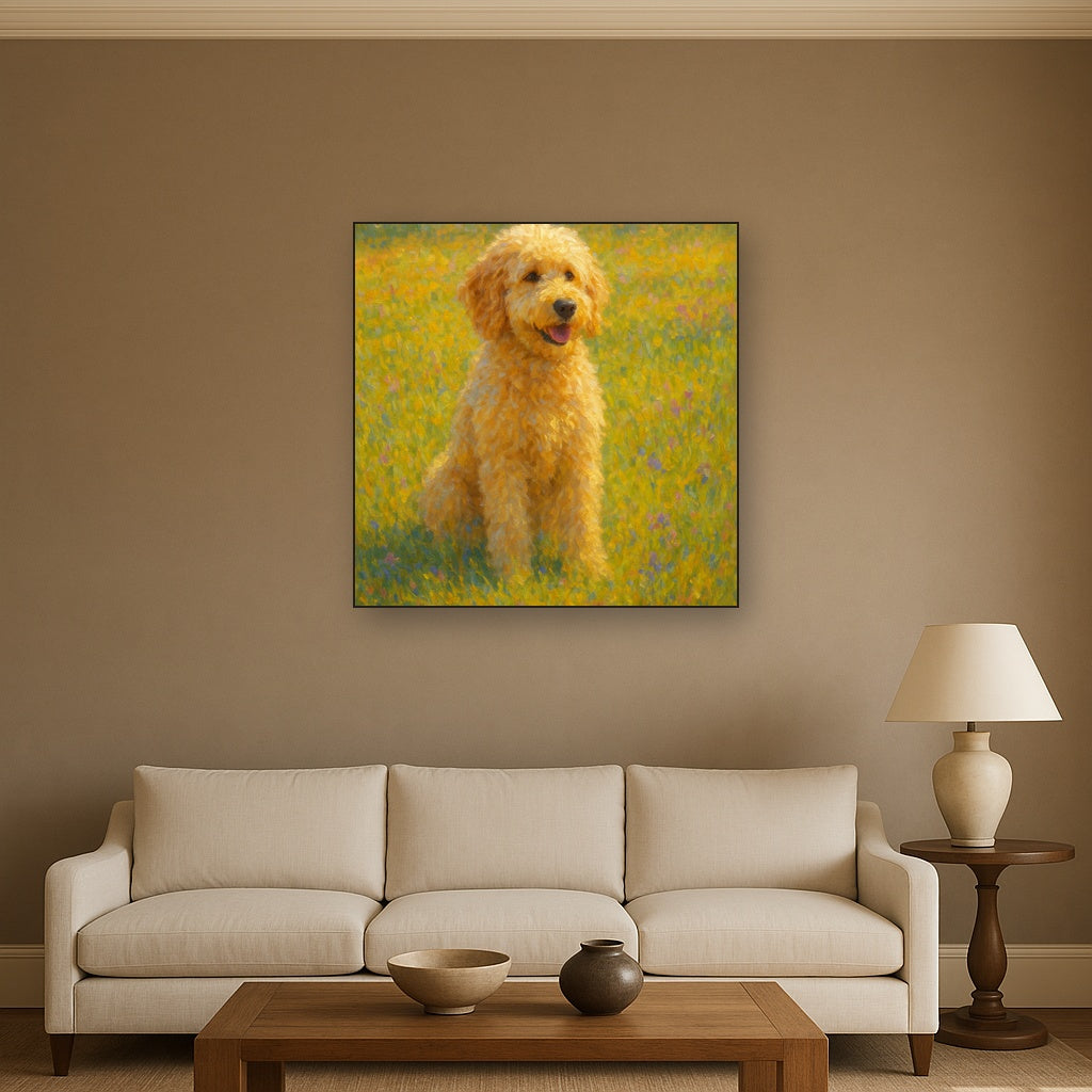 Fluffy Goldendoodle in Sun-Drenched Meadow No. 17 Fine Art Oil Painting - View 2