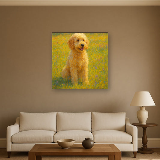 Fluffy Goldendoodle in Sun-Drenched Meadow No. 17 Fine Art Oil Painting - View 2