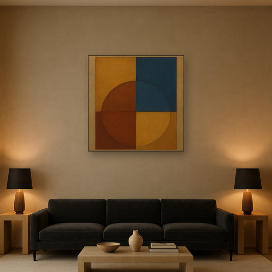 Bauhaus Quadrant Harmony in Primary Earth Tones No. 19 Oil Painting Staged Above Sectional Sofa in Living Room, Hand Painted Canvas Wall Art for Home Decor