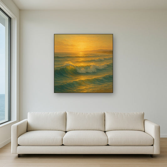 Golden Hour Sunlight on Ocean Swells No. 6 Oil Painting Staged Above Sectional Sofa in Living Room, Hand Painted Canvas Wall Art for Home Decor