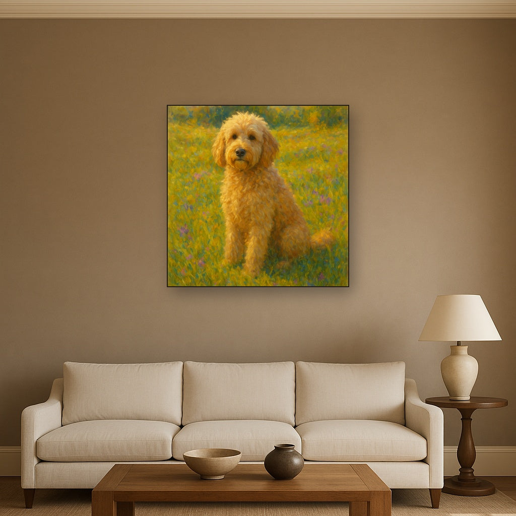 Fluffy Goldendoodle in Sun-Drenched Meadow No. 5 Fine Art Oil Painting - View 2