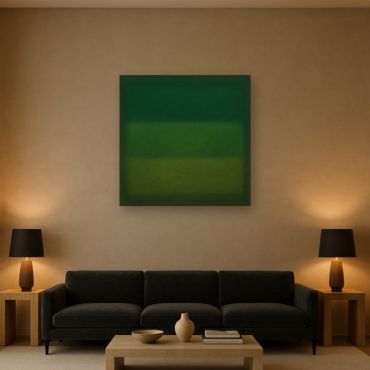 Forest Emerald & Deep Moss Contemplative Field No. 14 Oil Painting Staged Above Sectional Sofa in Living Room, Hand Painted Canvas Wall Art for Home Decor
