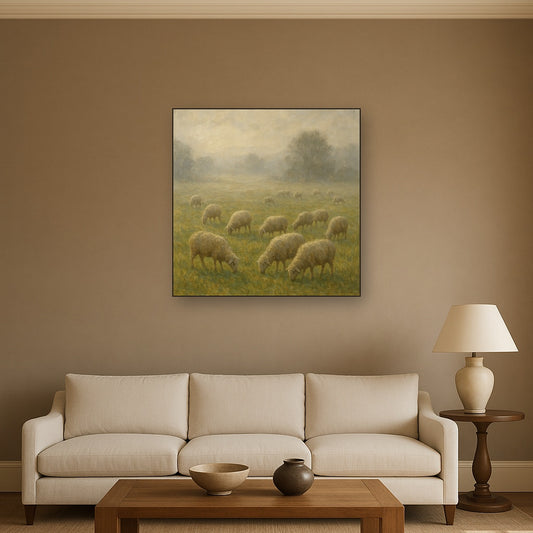 Pastoral Grazing Flock at Morning Mist Oil Painting - Styled in Modern Living Room