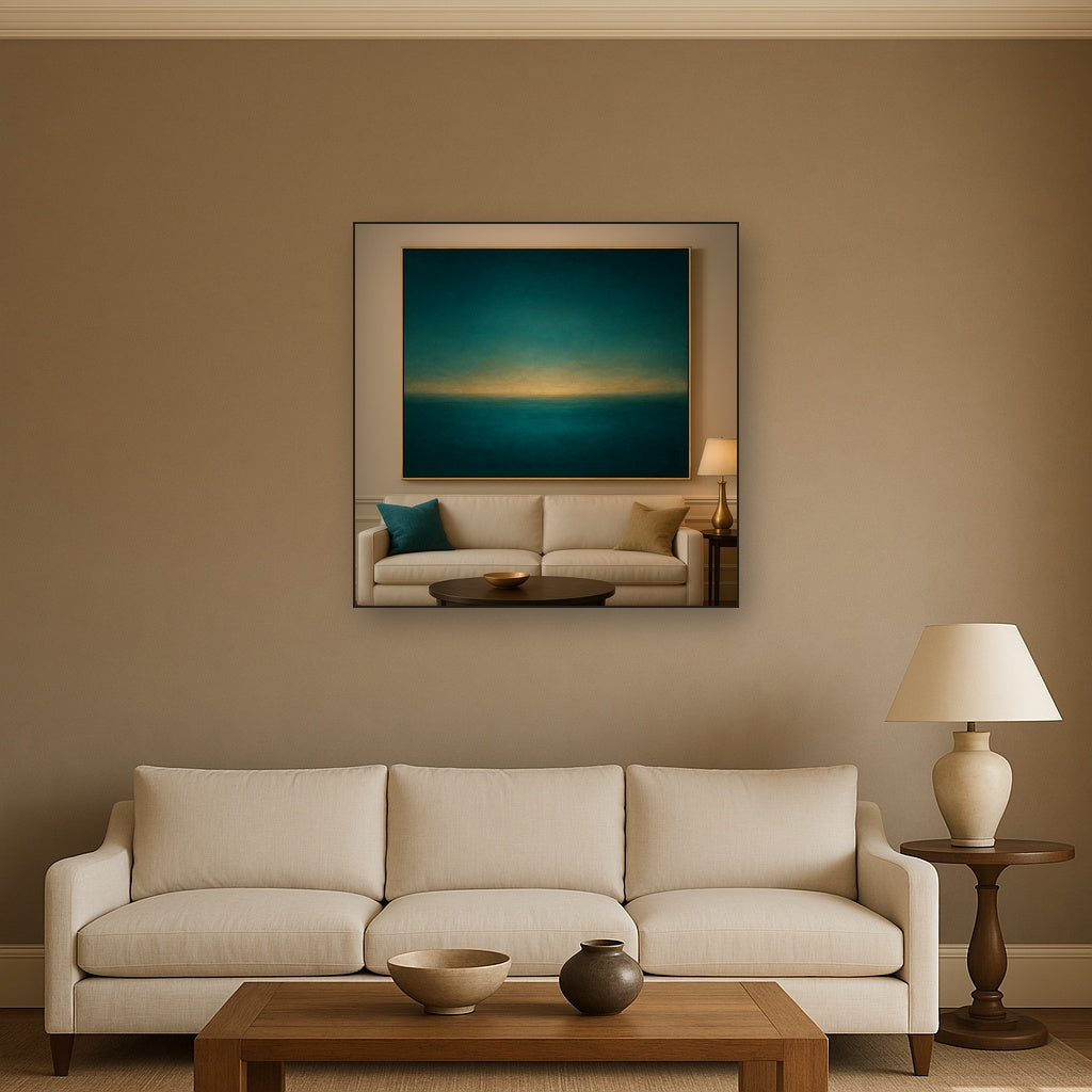 Peacock Teal & Champagne Gold Horizon No. 10 Oil Painting - View 2
