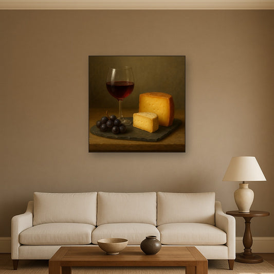 Burgundy Wine Glass & Aged Cheese Board No. 3 Oil Painting - View 2