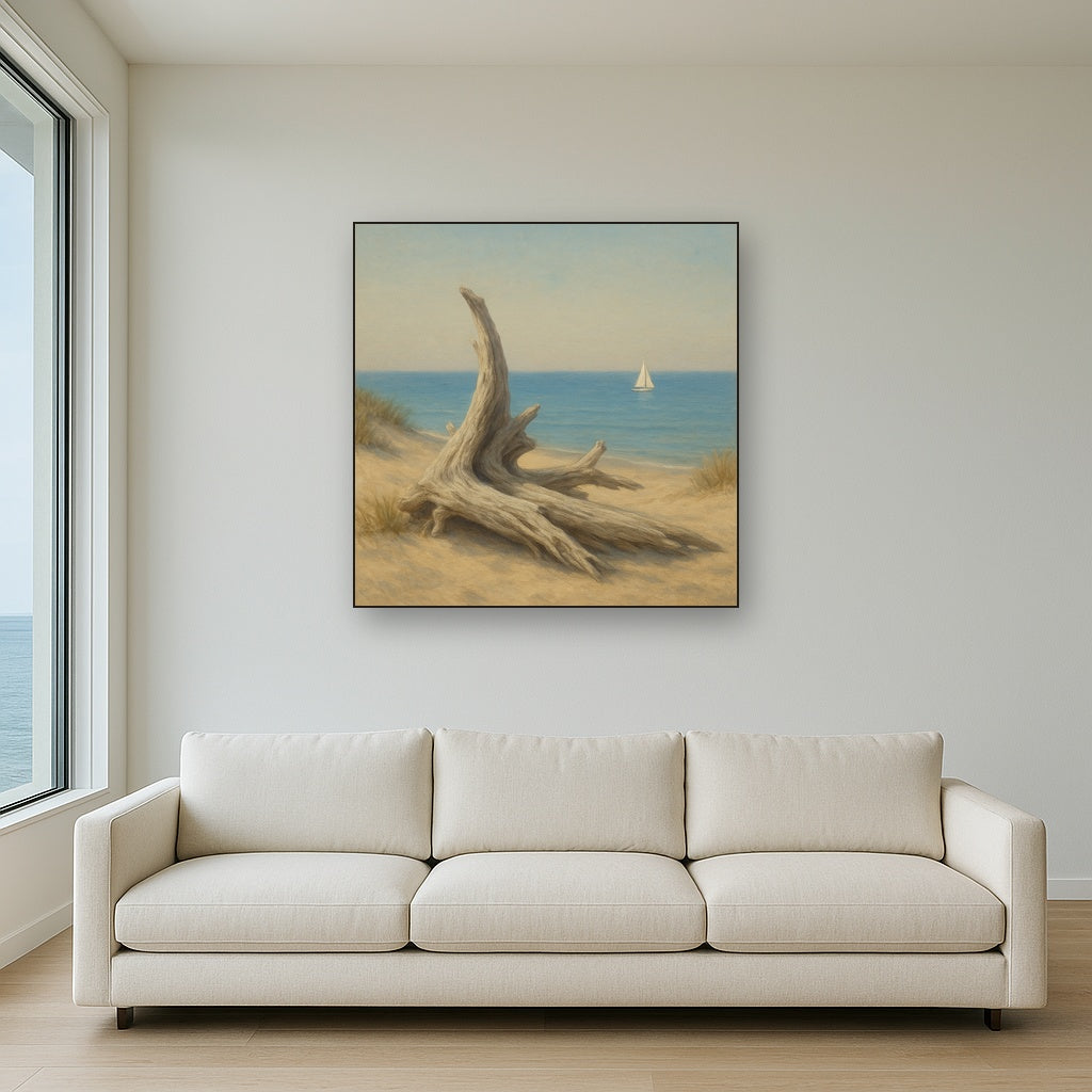 Sun-Bleached Driftwood & Distant Sailboat No. 17 Oil Painting - View 2