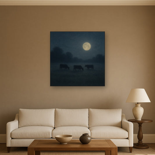 Moonlit Pastoral Meadow & Cattle Silhouettes No. 8 Oil Painting Staged Above Sectional Sofa in Living Room, Hand Painted Canvas Wall Art for Home Decor
