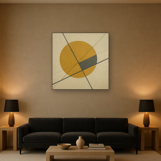 Abstract Tangent Lines & Earthy Ochre Disc No. 6 Oil Painting Staged Above Sectional Sofa in Living Room, Hand Painted Canvas Wall Art for Home Decor