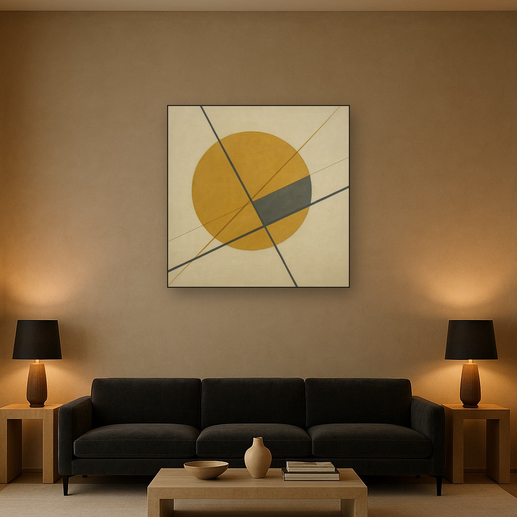 Abstract Tangent Lines & Earthy Ochre Disc No. 6 Oil Painting - View 2