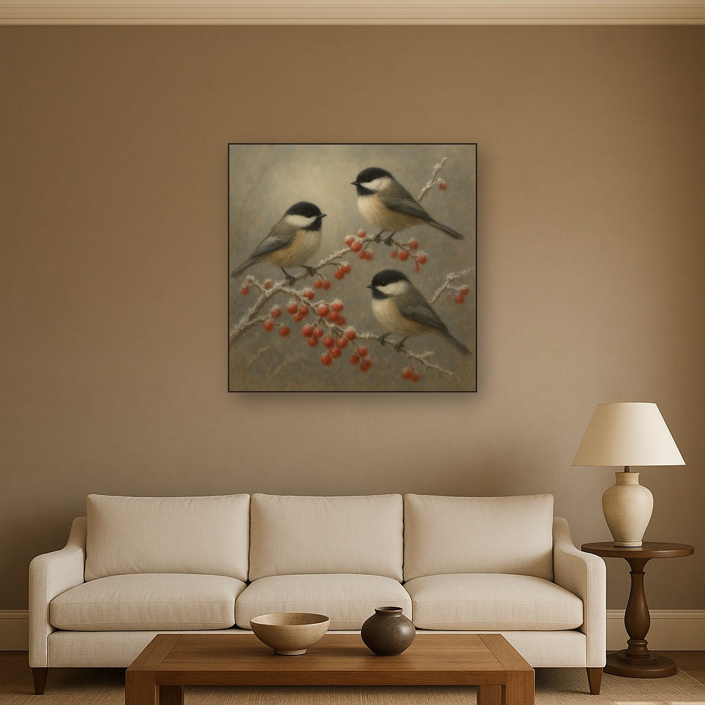 Winter Birds on Frosty Red Berry Branch No. 3 Oil Painting - View 2