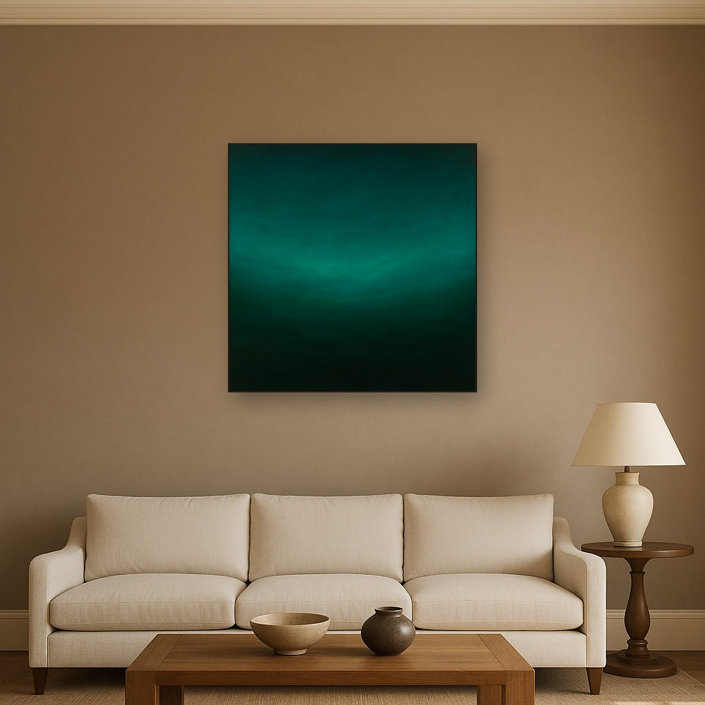 Midnight Teal & Deep Malachite Gradient No. 6 Oil Painting Staged Above Sectional Sofa in Living Room, Hand Painted Canvas Wall Art for Home Decor