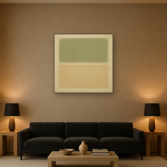 Sage Olive & Pale Sandstone Minimalist Harmony No. 29 Oil Painting Staged Above Sectional Sofa in Living Room, Hand Painted Canvas Wall Art for Home Decor