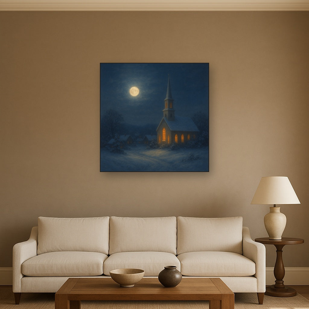 Moonlight Over Snowy Village Steeple No. 2 Oil Painting Staged Above Sectional Sofa in Living Room, Hand Painted Canvas Wall Art for Home Decor