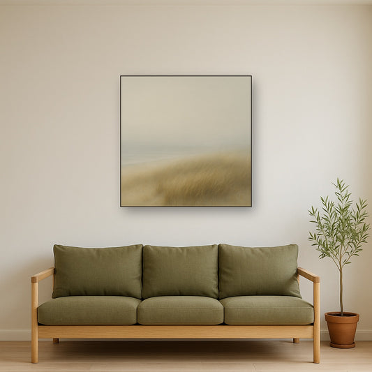 Silent Dune Grass in November Sea Fog No. 23 Oil Painting Staged Above Sectional Sofa in Living Room, Hand Painted Canvas Wall Art for Home Decor