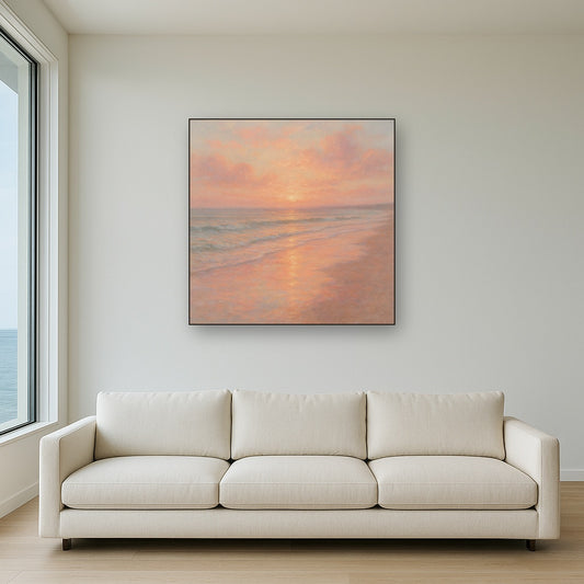 Pastel Sunrise Shoreline Coastal Oil Painting - Styled in Modern Living Room