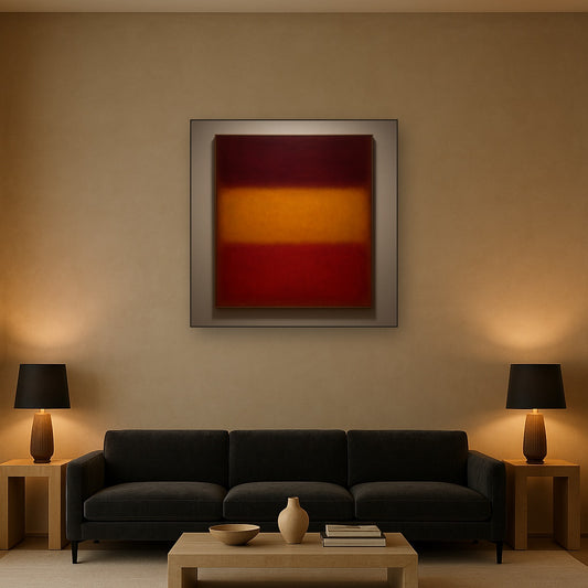 Crimson Burgundy & Saffron Gold Color Vibrations No. 9 Oil Painting Staged Above Sectional Sofa in Living Room, Hand Painted Canvas Wall Art for Home Decor