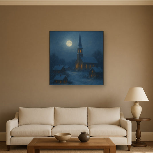 Moonlight Over Snowy Village Steeple No. 7 Oil Painting Staged Above Sectional Sofa in Living Room, Hand Painted Canvas Wall Art for Home Decor