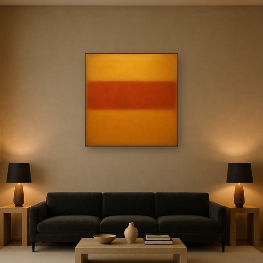 Luminous Ochre & Terracotta Horizon Color Field No. 26 Oil Painting Staged Above Sectional Sofa in Living Room, Hand Painted Canvas Wall Art for Home Decor