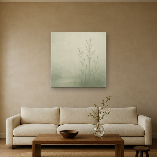 Misty Reed Shallows Minimalist Oil Painting - Styled in Modern Living Room