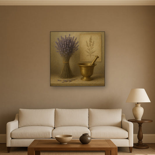 Lavender Herbarium & Mortar Study No. 5 Oil Painting Staged Above Sectional Sofa in Living Room, Hand Painted Canvas Wall Art for Home Decor