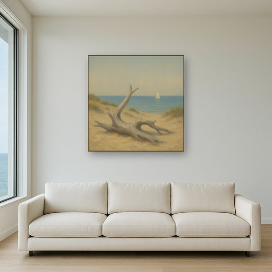 Sun-Bleached Driftwood & Distant Sailboat No. 2 Oil Painting Staged Above Sectional Sofa in Living Room, Hand Painted Canvas Wall Art for Home Decor