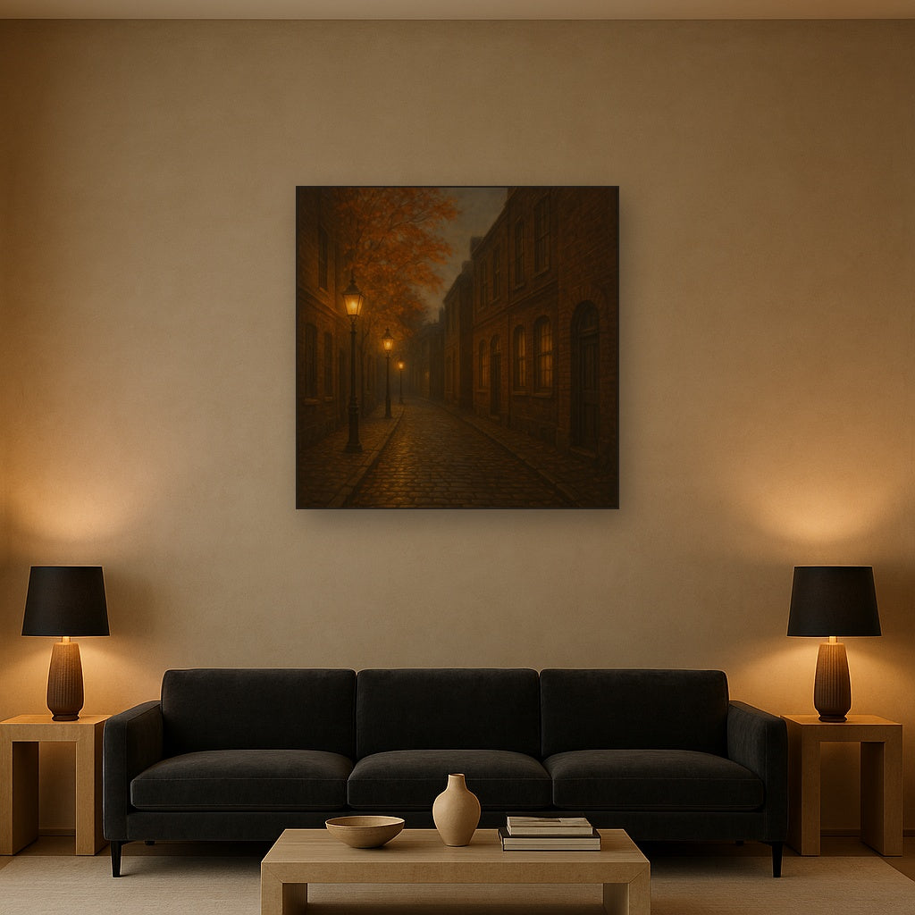 London Gaslamp Alley in Autumn Dusk No. 29 Oil Painting Staged Above Sectional Sofa in Living Room, Hand Painted Canvas Wall Art for Home Decor