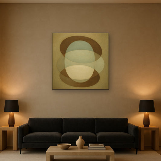 Floating Ellipse Harmony in Walnut & Pale Sage No. 12 Oil Painting - View 2