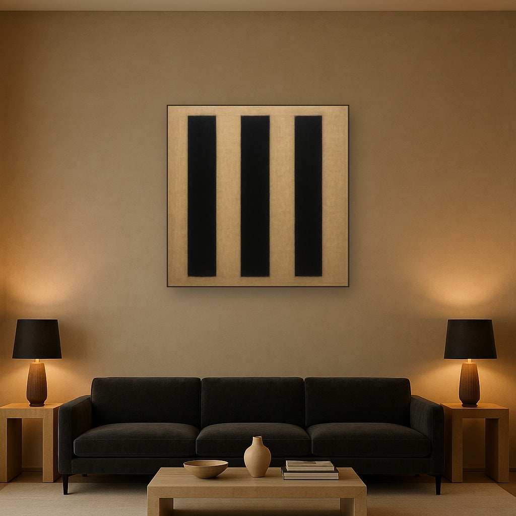 Minimalist Black Stripe & Raw Linen Rhythm No. 7 Fine Art Oil Painting - View 2