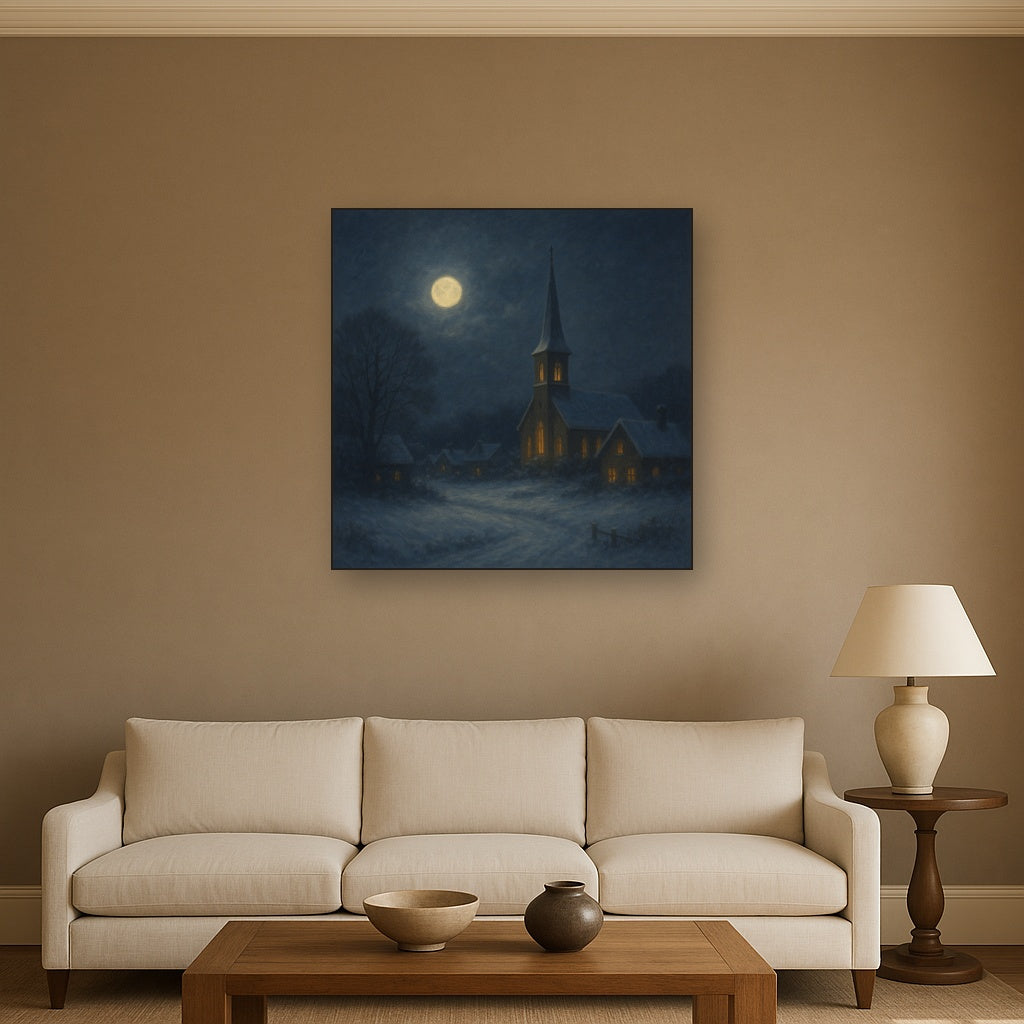 Moonlight Over Snowy Village Steeple No. 6 Oil Painting - View 2