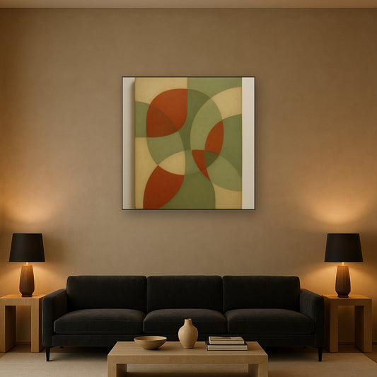 Intersecting Curved Forms in Olive & Rust No. 10 Oil Painting Staged Above Sectional Sofa in Living Room, Hand Painted Canvas Wall Art for Home Decor