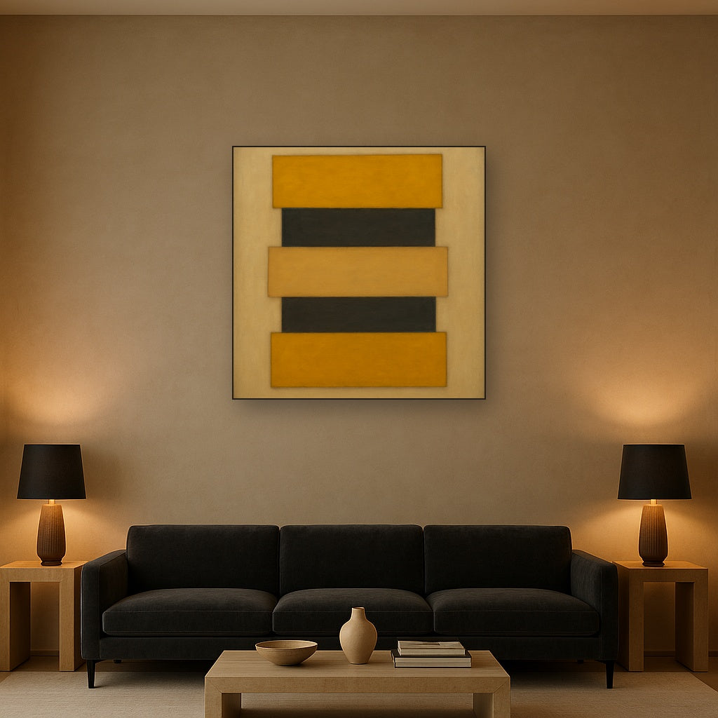 Stacked Horizon Blocks in Mustard & Charcoal No. 17 Oil Painting Staged Above Sectional Sofa in Living Room, Hand Painted Canvas Wall Art for Home Decor