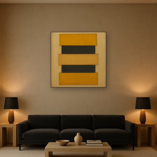 Stacked Horizon Blocks in Mustard & Charcoal No. 17 Oil Painting Staged Above Sectional Sofa in Living Room, Hand Painted Canvas Wall Art for Home Decor