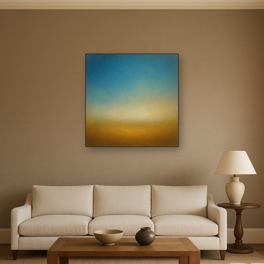 Celestial Azure & Warm Ochre Equilibrium No. 6 Oil Painting Staged Above Sectional Sofa in Living Room, Hand Painted Canvas Wall Art for Home Decor