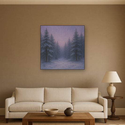 Quiet Pine Forest in Gentle Twilight Snow No. 5 Oil Painting Staged Above Sectional Sofa in Living Room, Hand Painted Canvas Wall Art for Home Decor