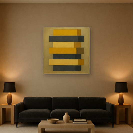 Stacked Horizon Blocks in Mustard & Charcoal No. 3 Oil Painting - View 2