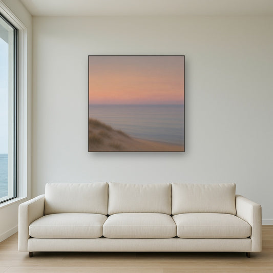 Pastel Dusk Horizon over Calm Atlantic Waters No. 15 Oil Painting Staged Above Sectional Sofa in Living Room, Hand Painted Canvas Wall Art for Home Decor