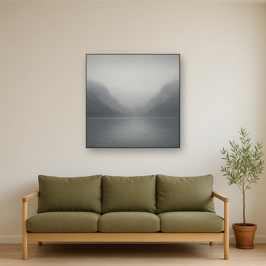Misty Fjord Horizon in Monochromatic Slate No. 5 Oil Painting Staged Above Sectional Sofa in Living Room, Hand Painted Canvas Wall Art for Home Decor