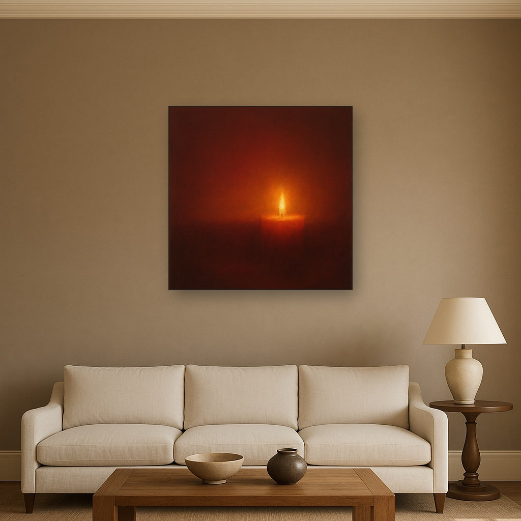 Deep Garnet & Amber Candlelight Horizon No. 16 Oil Painting Staged Above Sectional Sofa in Living Room, Hand Painted Canvas Wall Art for Home Decor