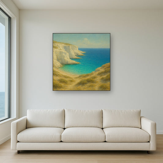 Mediterranean White Cliffs & Turquoise Cove No. 4 Oil Painting Staged Above Sectional Sofa in Living Room, Hand Painted Canvas Wall Art for Home Decor