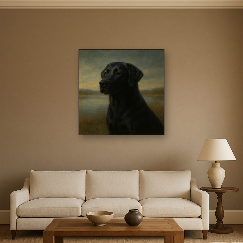 Black Labrador Retriever by Misty Lake Horizon No. 7 Fine Art Oil Painting - View 2