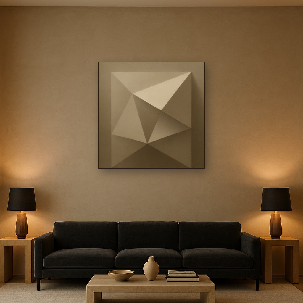 Folded Paper Geometry in Neutral Gradient Shadows No. 20 Oil Painting Staged Above Sectional Sofa in Living Room, Hand Painted Canvas Wall Art for Home Decor