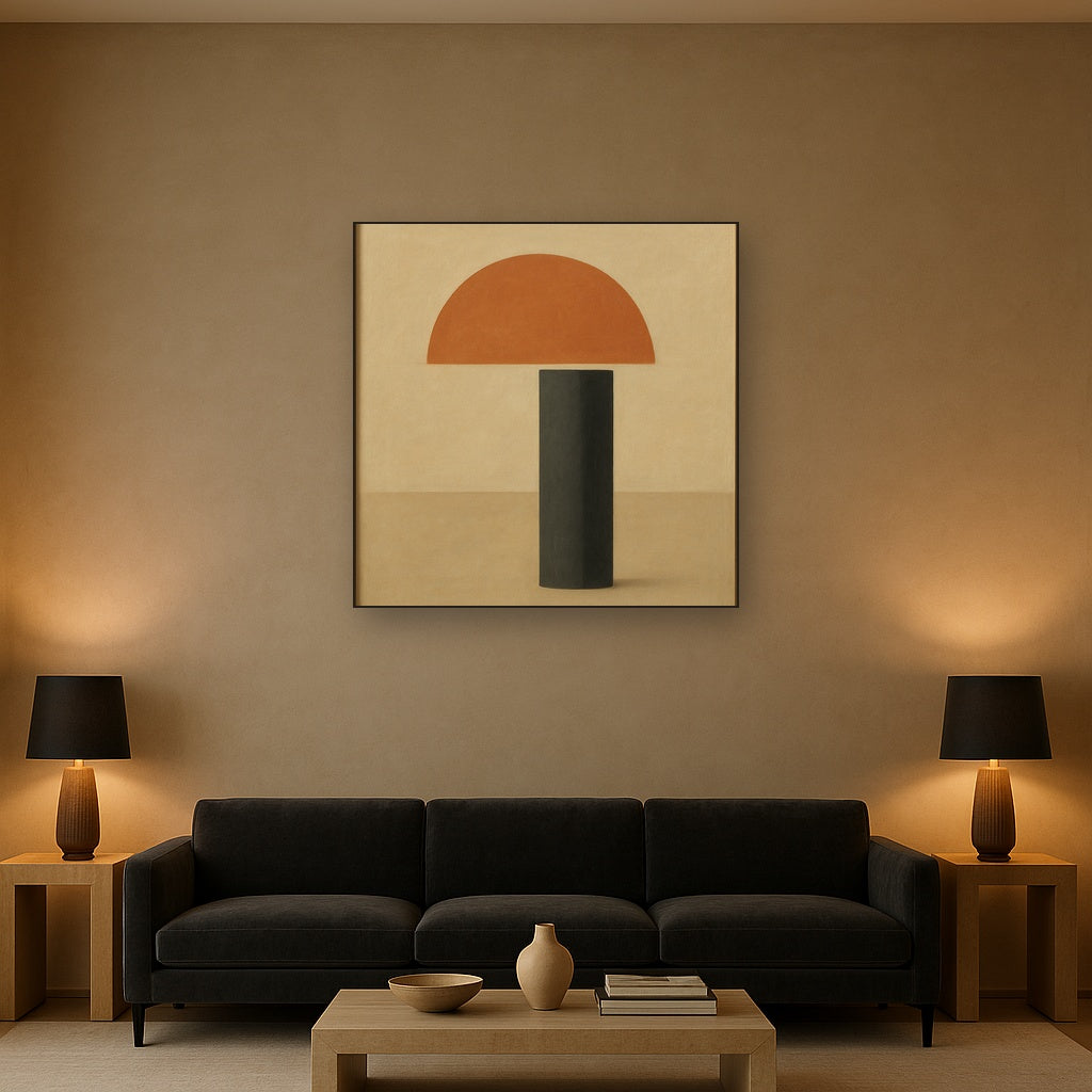 Semicircle Horizon & Minimalist Pillar No. 8 Oil Painting Staged Above Sectional Sofa in Living Room, Hand Painted Canvas Wall Art for Home Decor